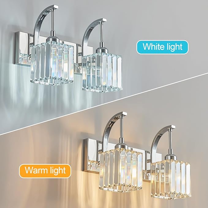 Crystal Vanity Lights 2-Light Chrome Wall Lamp Modern Crystal Bathroom Light Fixtures Over Mirror 13.77" Long Bathroom Wall Sconce