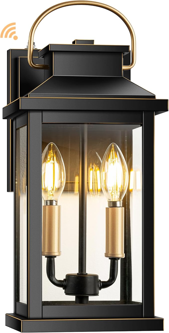 VIANIS Large Porch Lights Outdoor Dusk to Dawn, Black Gold Accents Exterior Lighting Fixtures Wall Mount for House, Modern Outdoor Sconces Wall Lighting for Patio, Waterproof Coach Lights for Garage