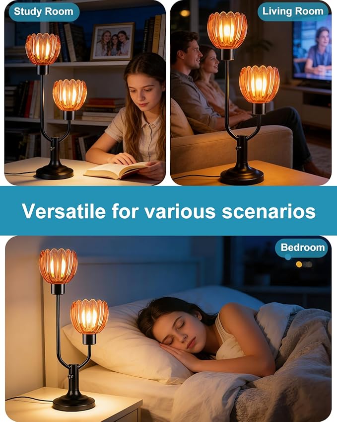 Lightdot Mid Century Modern Glass Table Lamp Black Dimmable U-Shaped Desk Lamps with Deep Red Lotus Glass Shade& 2Pcs 3000K Warmwhite Bulbs Included Bedside Nightstand Lamp for Living Room Bedroom