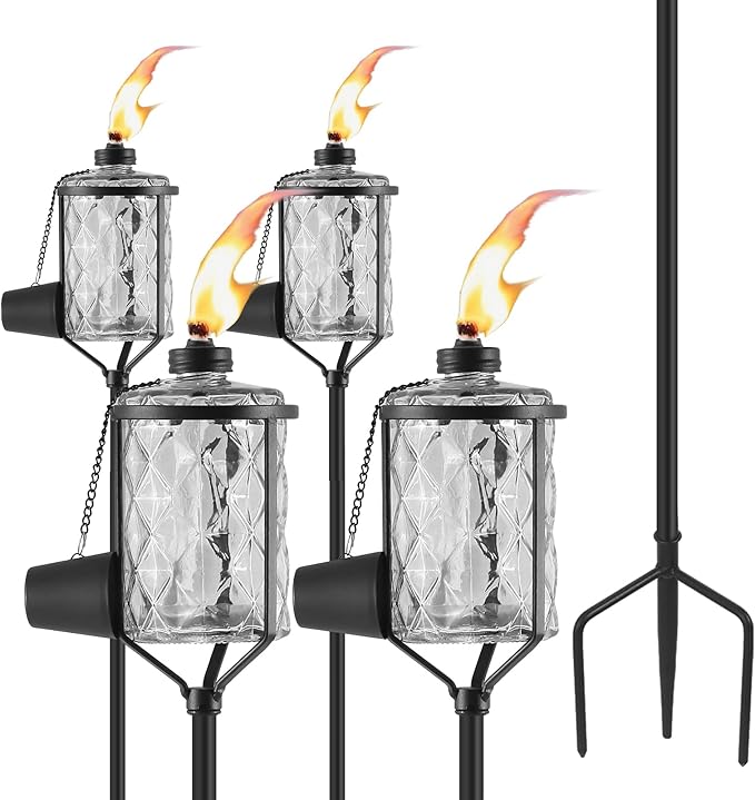 4 Pack Glass Torches, 13.5 oz Citronella Torches for Outside, Citronella Torches with 3-Prong Grounded Stake, Landscape Lanterns Torches for Garden, Patio, Party Decor (Gray)