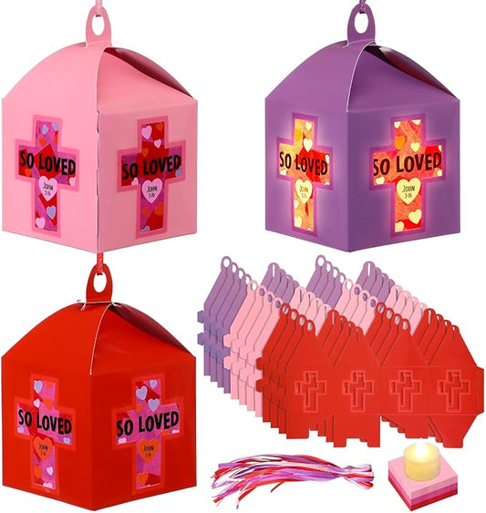 12 Sets Religious Valentine's Day Crafts with LED Candlelight Valentine's Day Cross Tissue Paper Crafts Kits DIY Cross Suncatchers Lanterns Hanging for Sunday School Christian Decoration