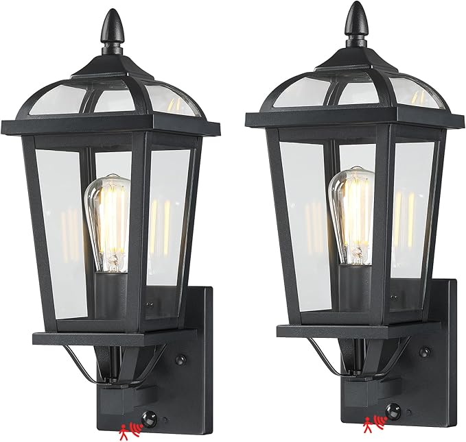 2-Pack Motion Sensor Outdoor Wall Lantern, Dusk to Dawn Outside Modern Lighting Fixtures, Black Exterior Porch Lamp Lighting, Waterproof Outdoor Wall Sconce for Patio (Glass Cover)