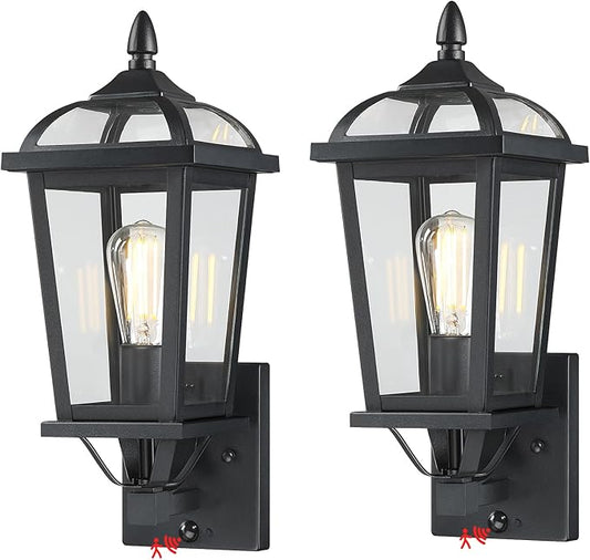 2-Pack Motion Sensor Outdoor Wall Lantern, Dusk to Dawn Outside Modern Lighting Fixtures, Black Exterior Porch Lamp Lighting, Waterproof Outdoor Wall Sconce for Patio (Glass Cover)