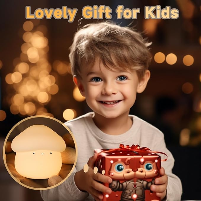 Mushroom Night Light for Kids, Cute Silicone Mushroom Lamp with Timer, 2 Levels Dimmable Squishy Night Light for Baby Nursery, Rechargeable Touch Night Light Mushroom Gifts for Boys and Girls (White)