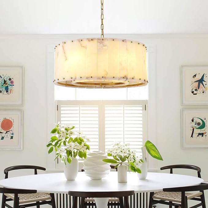 Alabaster Chandelier D24in Spanish Natural Marble Round Chandeliers,Alabaster Pendant Light Fixture,Modern Brass Dining Room Chandelier, Adjustable Gold Chandeliers for Bedroom,Bathroom,Entryway,Foyer