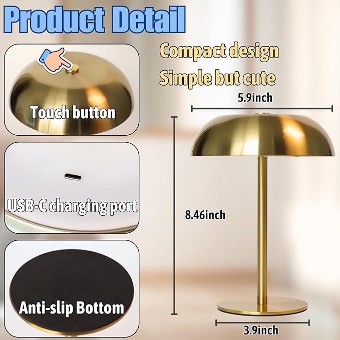 Portable LED Mushroom Table Lamp, 8.46'' Small Cordless Desk Night Light with 5200mAh Rechargeable Battery, Stepless Dimming Lamp with 3 Colors for Bedroom/Bar/Coffee Shop (Silver)
