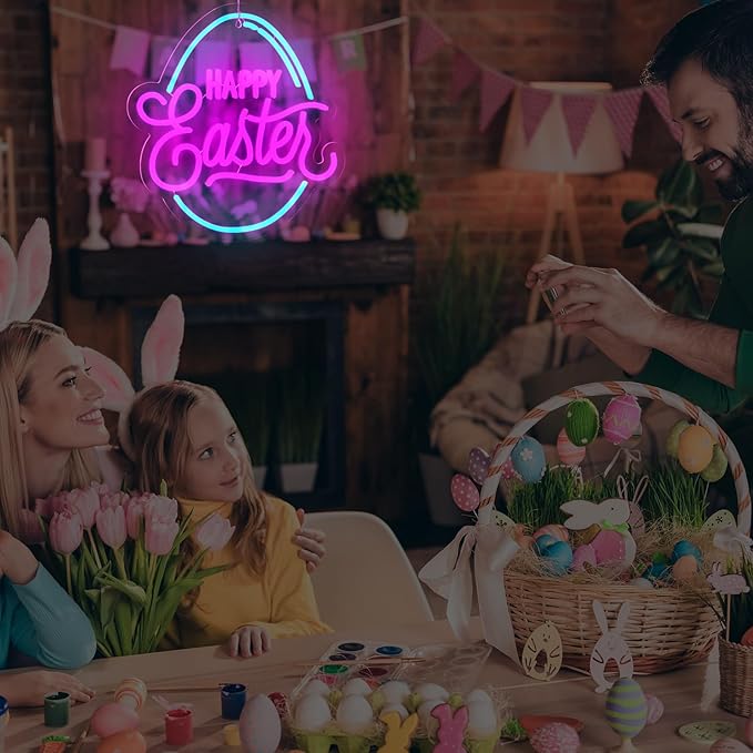 Baquler Easter Neon Sign for Wall Decor Egg Happy Easter LED Neon Light Window USB Powered for Wall Room Gift Party Decoration