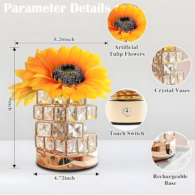 ONXE Rose Lamp, Flower Lamp 3 Colors Dimmable Crystal Table Light, Romantic Rechargeable Cordless Touch Lamp for Bedroom Living Room Pink Decor, Christmas Birthday Gifts for Women Mom (Sunflowers)