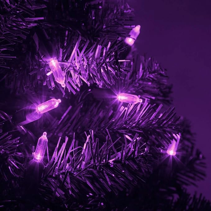 Wintergreen Lighting 50 Purple T5 LED Halloween and Christmas Lights, 25.5 ft Green Wire Indoor/Outdoor Commercial Grade Mini String, Holiday and Party Decorations