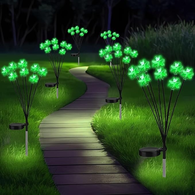 St. Patrick's Day Shamrock Pathway Lights, 8 in 1 Lucky Clover Light with 2 Lighting Modes, Green Firefly Outdoor Decor Solar Powered Swaying Lights Decor for Lawn Yard Garden (Green - Shamrock)
