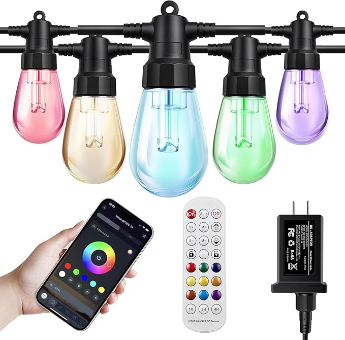 Outdoor String Lights 27ft, Patio Lights with 10 Dimmable LED Bulbs, RGBW & Warm White, IP66 Waterproof, Shatterproof, APP & Remote Control, Color Change, Customizable Colors for Backyard Décor