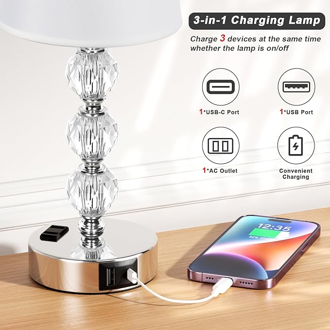 Acaxin Crystal Table Lamp Set of 2 for Bedroom/Living Room, 14.6in (White)
