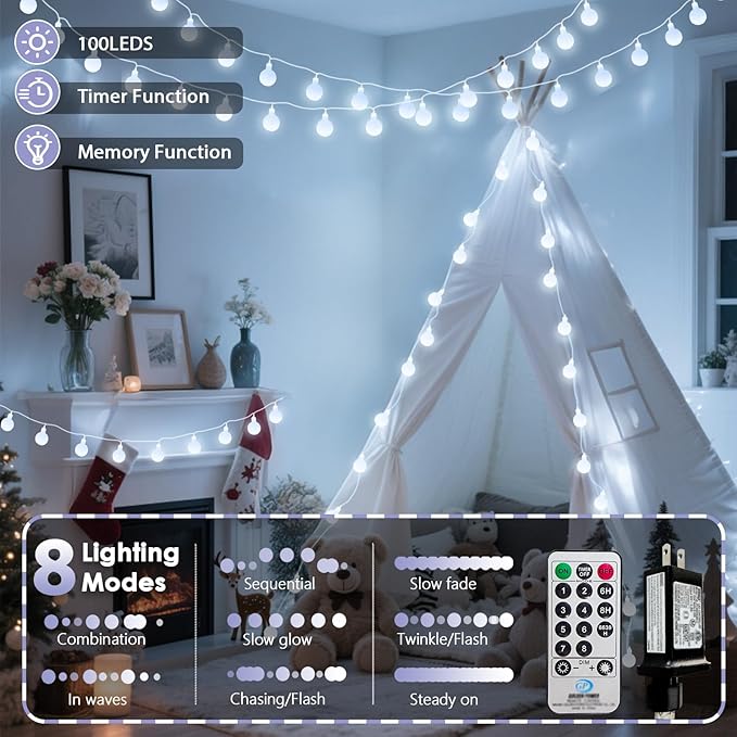 100LED Connectable String Lights Indoor Outdoor for Bedroom, 43ft White Globe Lights Plug in with Remote & Timer, 8 Lighting Modes Waterproof Fairy Light for Room Classroom Wedding Christmas Decor