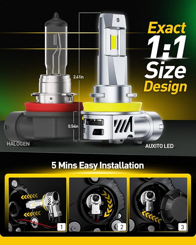 AUXITO Upgraded H11 H9 LED Bulbs, 40000LM 10X Brightness, 6500K White, 1:1 Halogen Mini Size H11/H8/H16 Fog Light Bulb, 60000Hrs Lifespan, Pack of 2