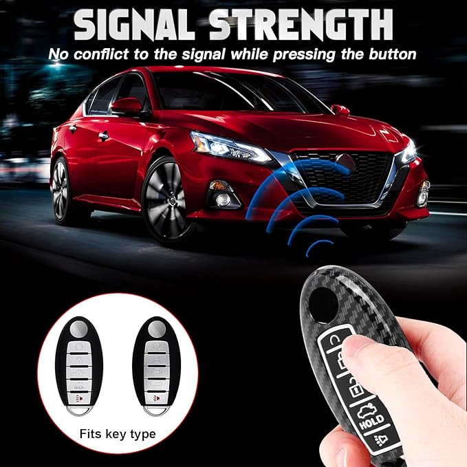 Xotic Tech Smart Key Fob Shell Full Cover Case Keychain Compatible with Nissan Maxima Murano Altima GT-R 370Z Rogue or Infiniti JX35 Q50 Q60 Q70 QX60, Carbon Fiber ABS Silicone Night-Luminous Black