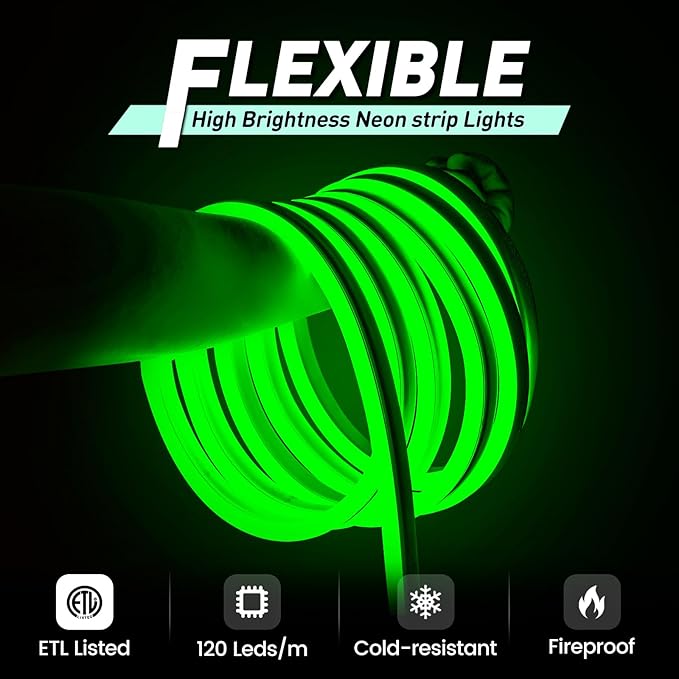 GZBtech Flexible LED Neon Rope Lights 50FT,AC 110-120V Waterproof Strip Light, 120 LEDs/M Cuttable Connectable Neon Lighting for Indoor Outdoor Home Decor/Commercial Building Use-Green 15M, ETL Listed