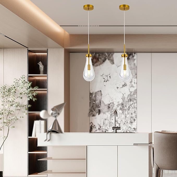 Raindrop Pendant Lights for Kitchen Island Dining Room, Handblown Teardrop Glass Kitchen Light Fixtures Luxury 1-Light Brushed Brass Pendant Lights Hanging Lamps for Bedroom Dining Table, Hallway