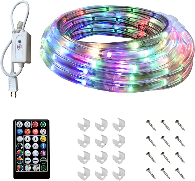 RGB Strip Lights with IR Remote Control, 12FT RGB LED Outdoor Rope Lights, Waterproof Neon LED Lights Hoilday Preset 500+ Colors for Bedroom Living Room Patio Christmas Decor (12ft)