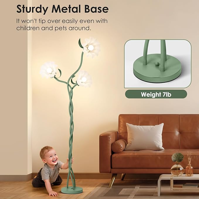 Floor Lamp for Living Room, 3 Lights Green Flower Lamp, Modern Tall Standing Lamp with 3 Color Temperatures Flexible Gooseneck, Mid Century Vintage Tree Floor Lamp for Bedroom Office