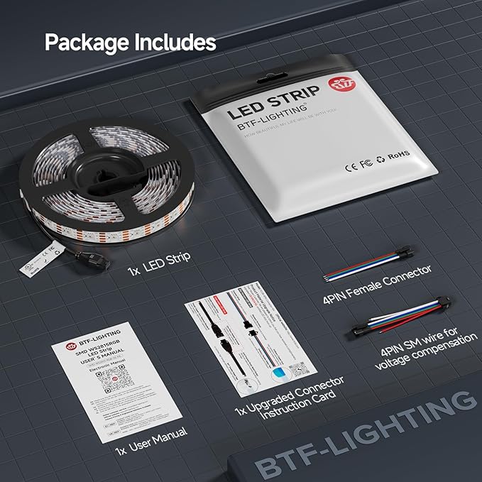 BTF-LIGHTING WS2815 (Upgraded WS2812B) LED Strip Light,UL Listed,16.4FT 300 LED/Pixels,Flexible Chasing RGB,Dual Signal Individually Addressable,5050SMD,3M Tape,DC12V IP65(No Adapter or Controller)