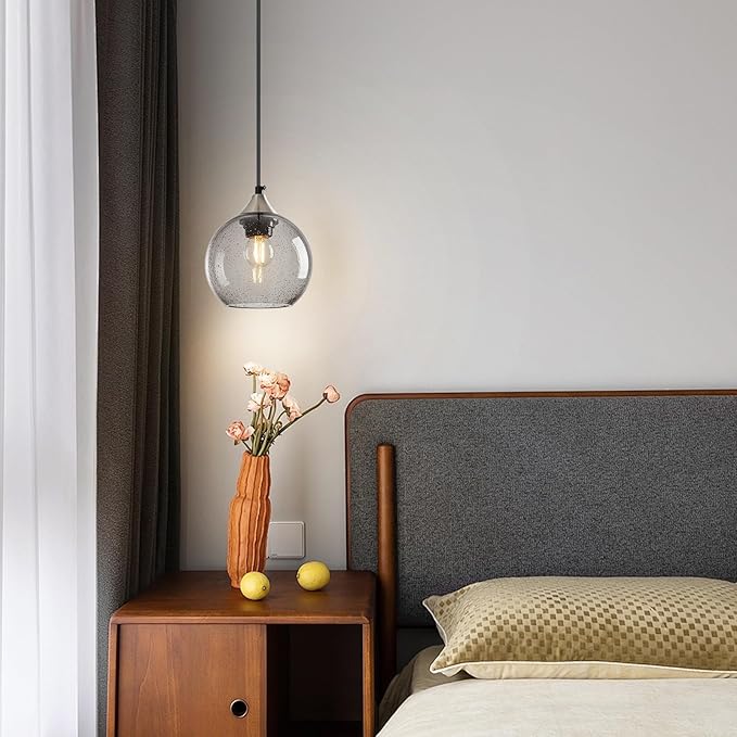 Light Grey Glass Pendant Lights Kitchen Island Globe Pendant Light Fixtures Modern Pendant Lighting for Bedroom Living Dining Room Light Fixture (5.9 in, 1 Pack)
