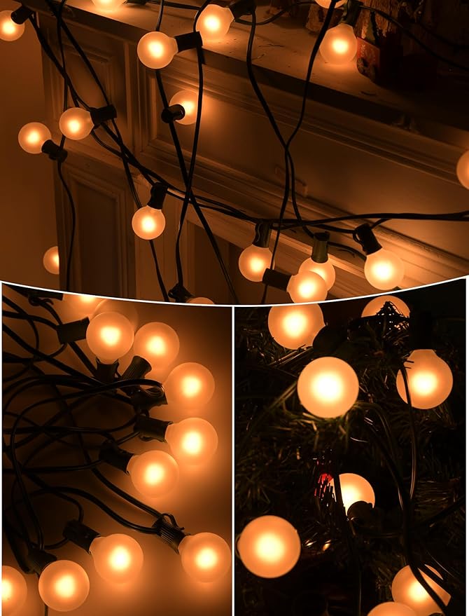 SUNSGNE G40 Round Christmas Lights Outdoor, 25ft Vintage Christmas Globe Lights with 27 5W Frosted White Lights(2 Spare) for Outdoor Garden Party Wedding Backyard Patio Decor, Green Wire
