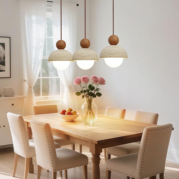 Japanese Lamp Wabi-Sabi Decor Natural Travertine Stone Pendant Light with Glass and Solid Wood Mini Pendant Lights, Using G9 Bulbs, Suitable for Kitchen Island, Dining Room, (Wood Color)