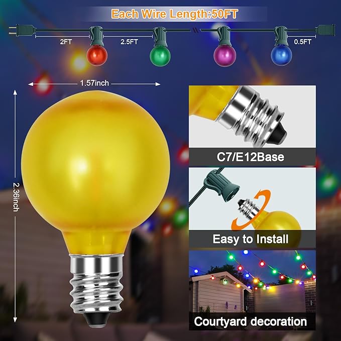 50Ft Outdoor Frosted Multicolor Lights, LED G40 Globe Patio String Lights with 25 0.6W Ceramic Colorful Bulbs(2 Spare), Outside Christmas Lights for Holiday Party Backyard Christmas