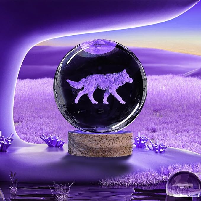 3D Crystal Ball Night Light - 3.15 Inch Wolf Figurine Glass Ball Lamp with 16 Color Changing Wooden Base - Ideal Gifts for Friends, Kids, Christmas, Birthday