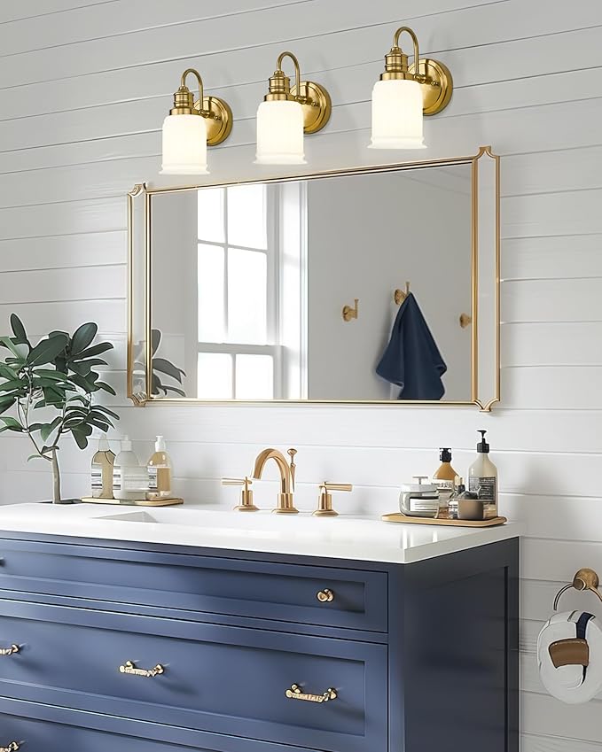 Modern Wall Sconces Set of Two, HWH Brushed Gold Bathroom Vanity Light, Antique Brass Wall Light Fixtures with Frosted White Bell-Shaped Glass, 5HZG106B-2 BG