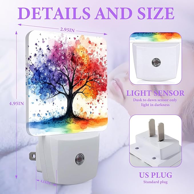 Colorful Trees Night Light,Plug-in Night Lights with Dusk-to-Dawn Sensor for Bedroom,Bathroom and Living Room Sleep Friendly lamp 0.5w