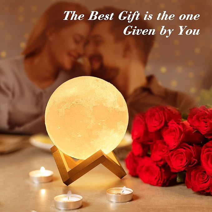 Mydethun Large Moon Lamp - 7.1" Large Valentine Table Décor, Gifts for Women and Mom, Touch-Dimmable Lamp with Wooden Base – Rechargeable Dual Color Night Light for Bedroom, Home