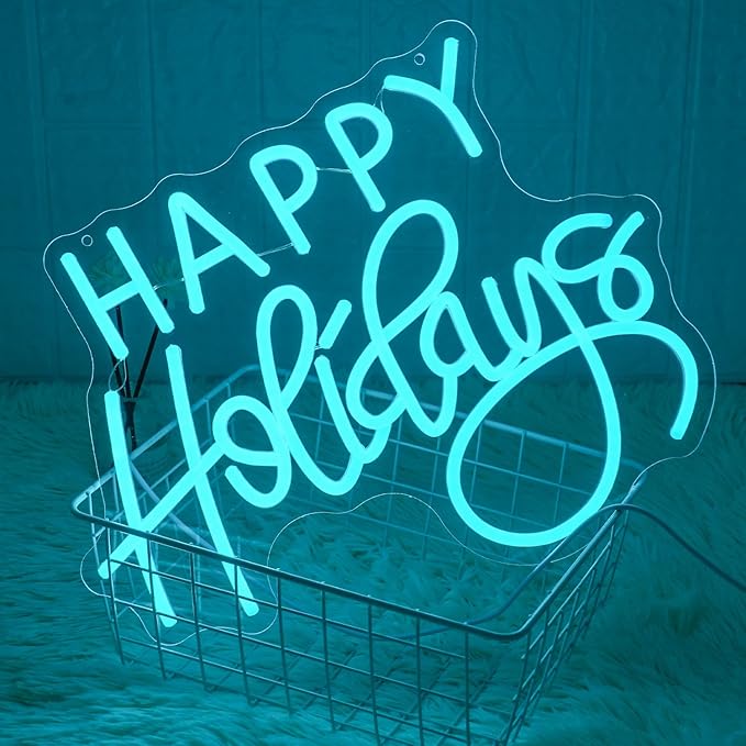 Happy Holidays Neon Sign for Wall Decor Blue Holiday Neon Lights Dimmable LED Christmas Neon Signs for Christmas, Thanksgiving, New Year