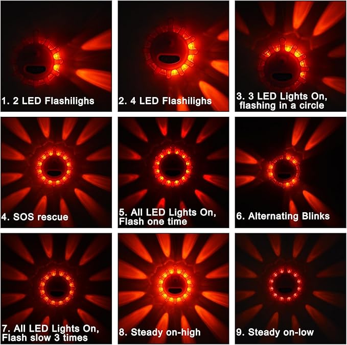 Meliya USB C Rechargeable LED Road Flares Emergency Lights with Magnetic Base, 9 Strobe Options Roadside Emergency Warning Car Safety Beacon Flashing Disc Flare Kit (Red Lights, 3 Pack)