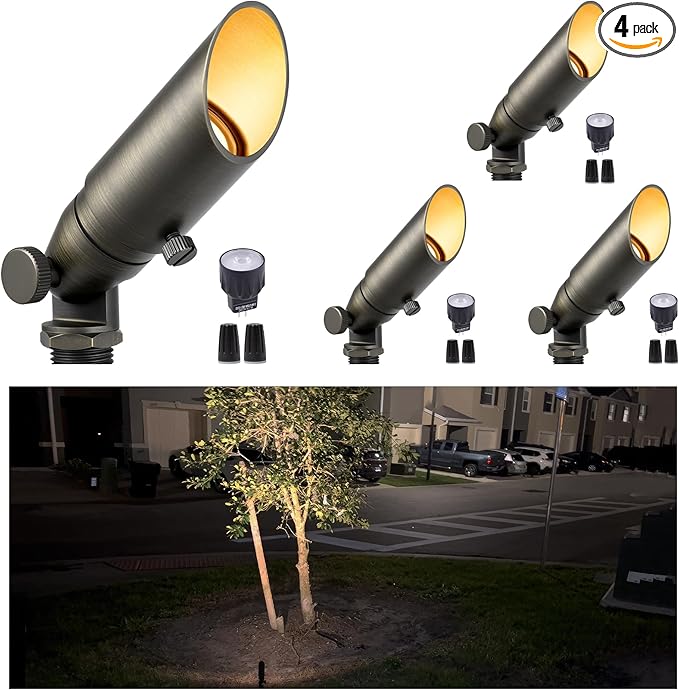 Gardenreet Brass Landscape Lighting - Outdoor Low Voltage Spotlights Wired, MR8 Low Light 12V LED Uplights, Waterproof Spot Lights, Bronze for Outside Shrub with 2.5W Warm White Bulb (4 Pack)