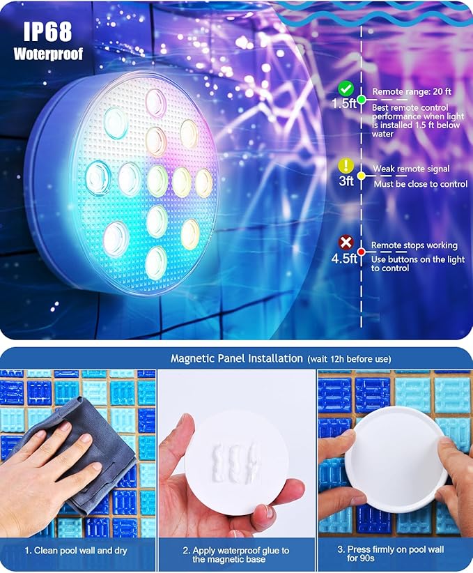 SUNDISC 3000mAh Rechargeable Submersible Pool Lights, IP68 Waterproof Waterproof Underwater Charging Battery Operated Controlled 16 Color Changing LED with Magnet Floating Lights 4 Pack