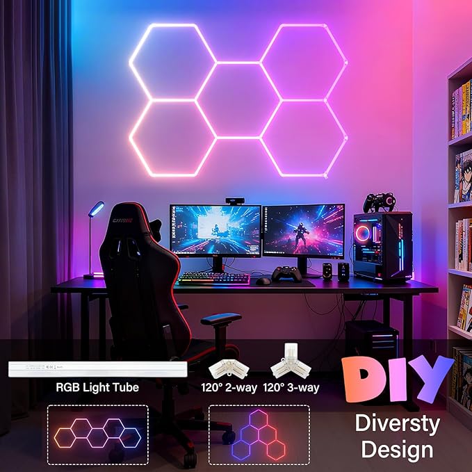 ALLYES Hexagon RGB LED Lights - Color Changing Wall/Ceiling Lights with Music Sync Dimmable & Speed Adjustable Modes, App & Remote Control, Multi-Scene Decor for Gaming Room, Bar, Party, Gym, Garage
