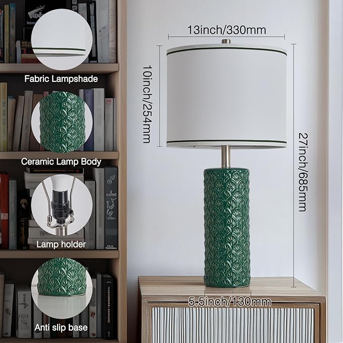 27" Farmhouse Bedside Table Lamp Set of 2, Green Modern Ceramic Lamps for Living Room, 3 Color Temperature Rustic Table Lamps for Bedroom, Night Stands, Dorm,Office, Home Décor (Bulb Included)