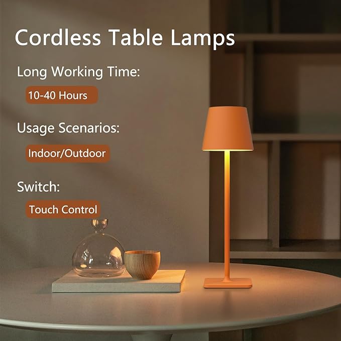 2 Pack Rechargeable Table Lamp - Cordless LED Lamp with 6000mAh Battery Operated LED Desk Lamp, Portable Table Light Outdoor for Dinner Patio Restaurant Bar Bedroom Coffee Shop Night Light(Orange)
