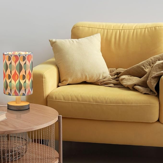 Abstract Mid-century Colorful Table Lamp for Bedroom USB Port Lamps Small Accent Table Lamp Nightstand Lamp Sturdy Linen Shade Wooden Base Decorative Lamps for Bedside Reading|Kids|Dorm|Home