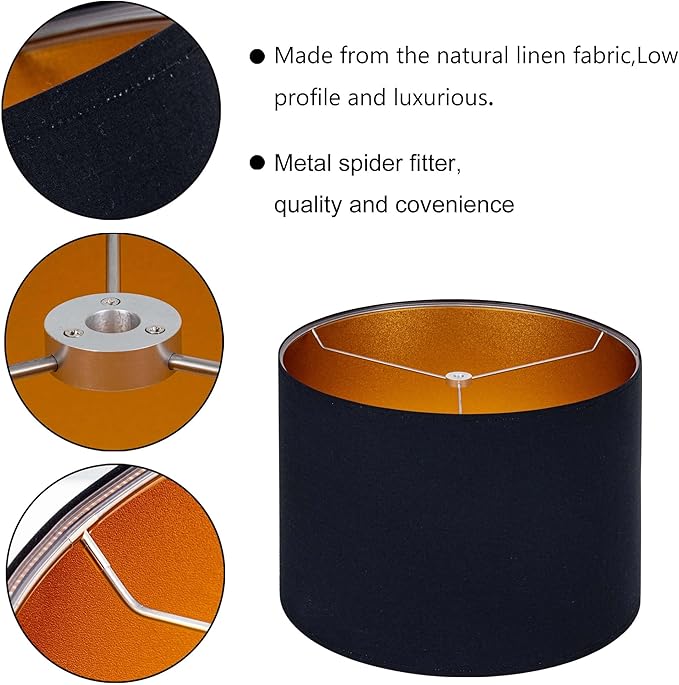 Wellmet Blackgold Set of 2 Drum Lampshades, Easy Assembly Required 14" Top x 14" Bottom x 11" High Replacement Lamp Shades, Fabric Lampshades for Table Lamps Floor Lamps, Metal Spider Fitter