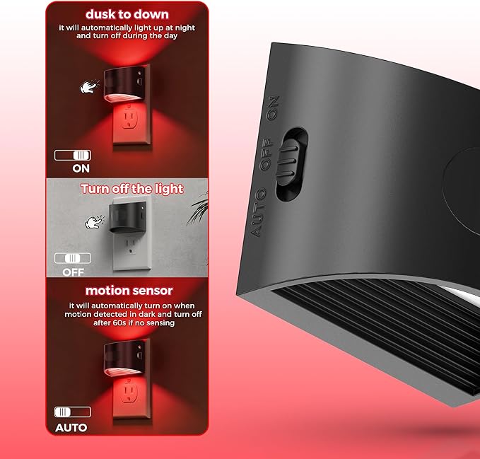 L LOHAS LED Night Light with Motion Sensor & Dusk to Dawn Sensor, Night Lights Plug into Wall with 30-100lm Adjustable Brightness, Dimmable Night Light for Bathroom Hallway, Red, 2 Pack