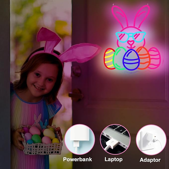 Easter Bunny Egg Neon Signs Decorations, LED Neon Lights Sign for Wall Decor, USB Dimmable Easter Gifts Bunny Wearing Glasses Party Decor for Bedroom Window Door Yard Bar Classroom Church