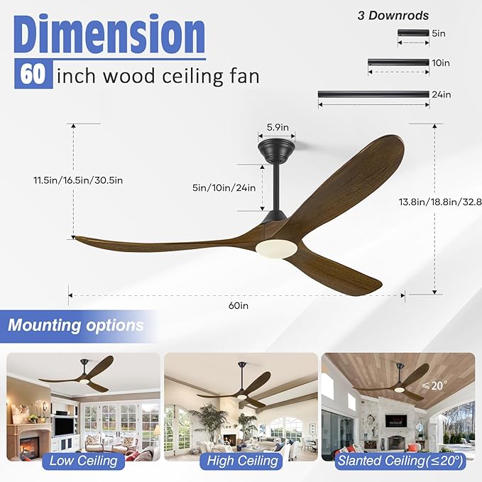 60 Inch Indoor Outdoor Ceiling Fan with Light and Remote, 3 Brown Wood Propeller Blades, Quiet Reversible Energy Efficient DC Motor, Damp Rated for Patio Porch Gazebo Bedroom, Rustic Farmhouse