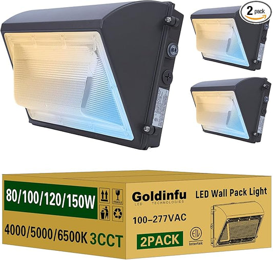 150W LED Wall Pack Light with Photocell 2Pack, 4000/5000/6500K 3CCT, 80/100/120/150W Selectable, Commercial Security Lighting Outdoor LED Wall Lights for Parking Lot Warehouse Barn 100-277V ETL Listed