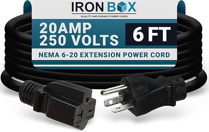 IronBox Electric - NEMA 6-20 Extension Cord - 12/3 SJT Jacket, 20A, 250V Extension Cable - Compatible with Any Generator Equipped with a 6-20 Receptacle - Heavy Duty Cable (Molded, 6 Foot)