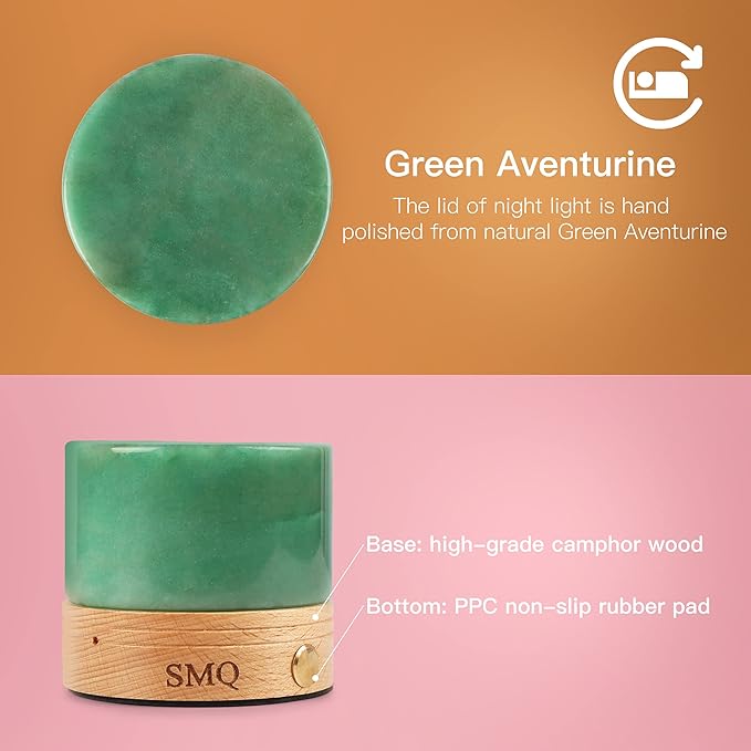 SMQ Green Aventurine Crystal Night Light with USB Charging Port,Handmade Polished Healing Crystal Stones Lamp Cylindrical Touch Night Light with Wooden Base for Living Room,Shelf,Office Decor