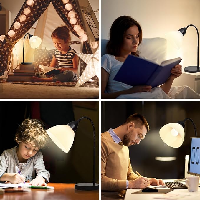 2 Pack LED Desk Lamp for Home Office, 3 Levels Dimmable Reading Light, Flexible Table Lamp for Bedside Office, Rotary Switch Control, Desk Lamp for College Dorm Study, Bulb Included, Black