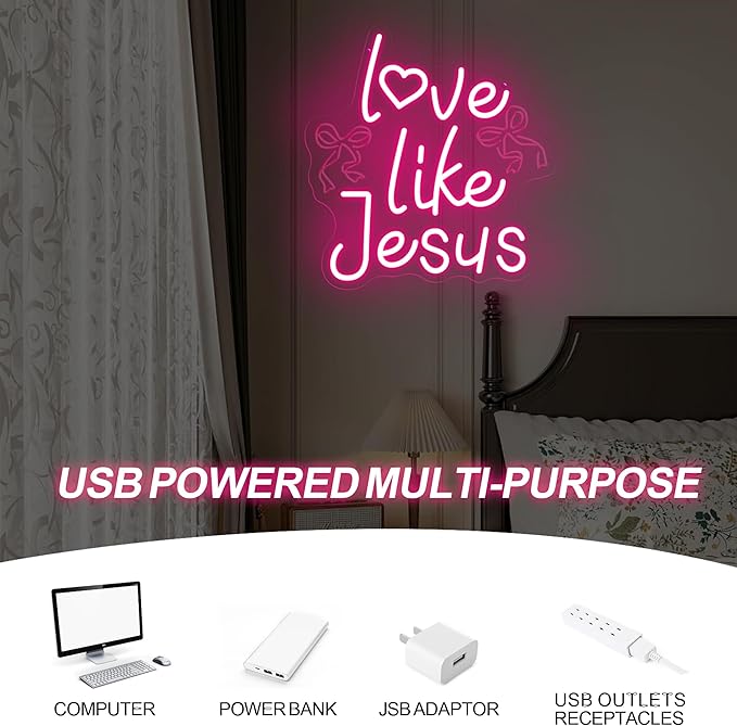 Love Like Jesus Neon Sign – 13.78″×13.38″ Jesus Valentine Neon Signs for Wall Decor – Bow LED Signs – Christian Faith Gifts – Christian Themed Neon Lights