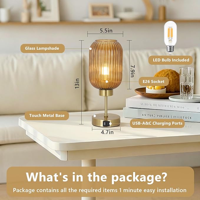 Vintage Gold Touch Table Lamp, Small Desk Lamp with Amber Glass Shade, Bulb, Charging Port, Mid Century Modern Bedside Lamp, 3 Way Dimmable Nightstand Lamp for Bedroom Living Room Home Office